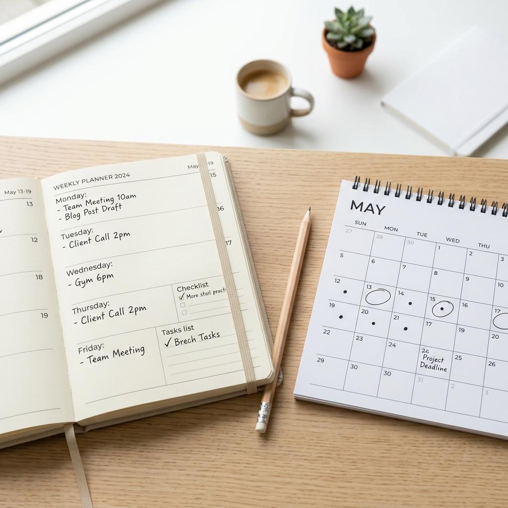 Aesthetic weekly planner and calendar on a desk for student scheduling