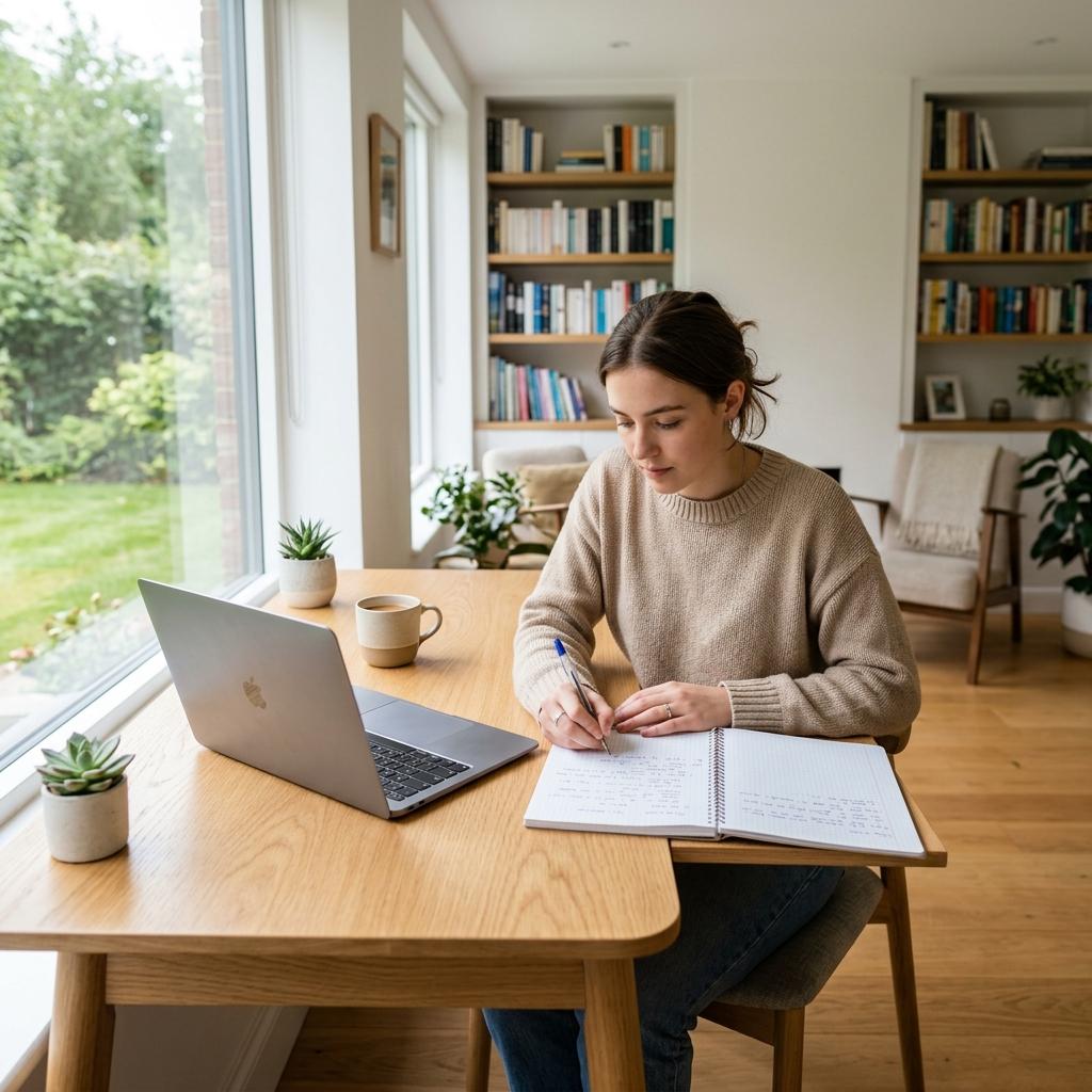 A student studying at a minimalist desk with a laptop and notebook, symbolizing modern Anki alternatives.