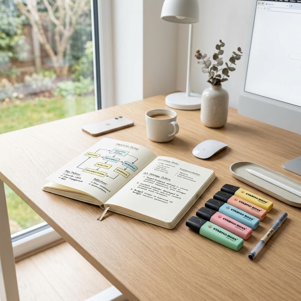A close-up of structured study notes and highlighters on a desk, representing the card creation process.