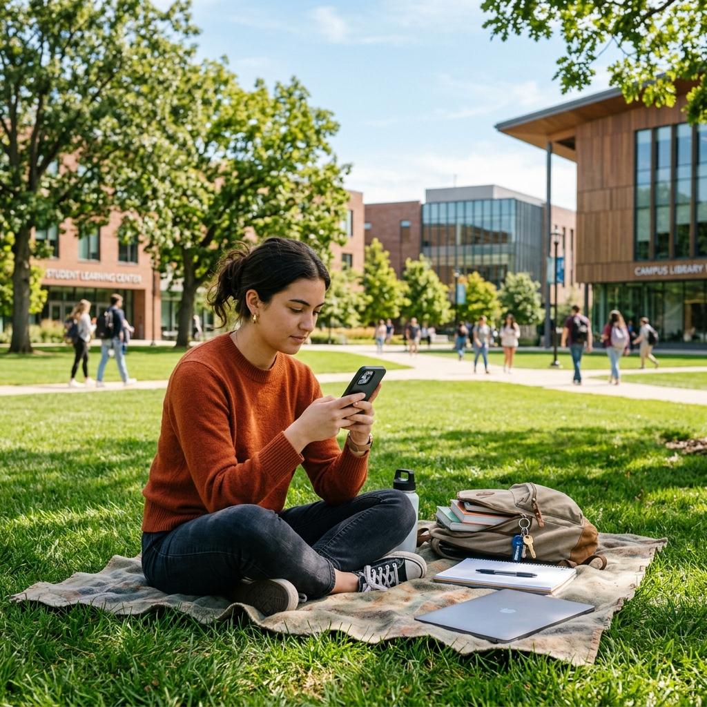 A student studying on their smartphone while sitting on a college campus lawn.