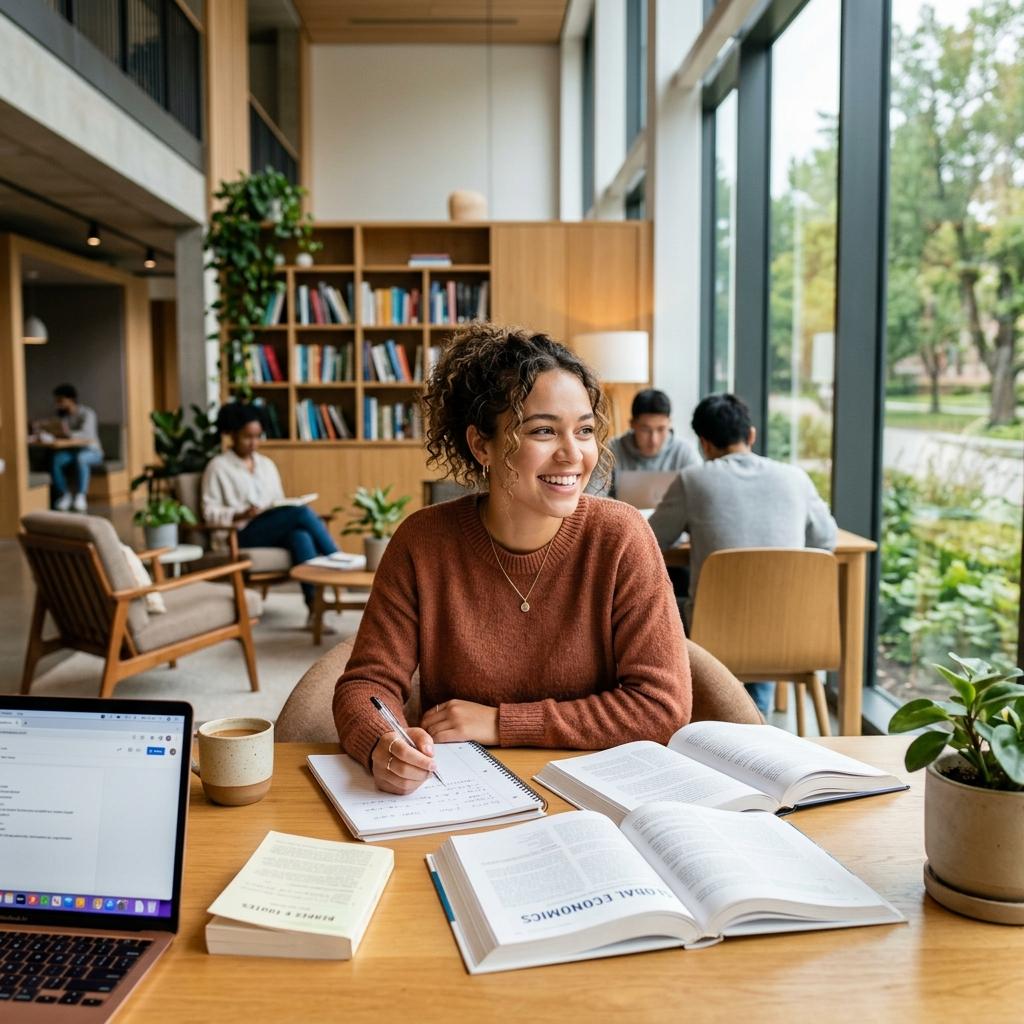 A smiling student study session in a bright modern lounge, representing study success.