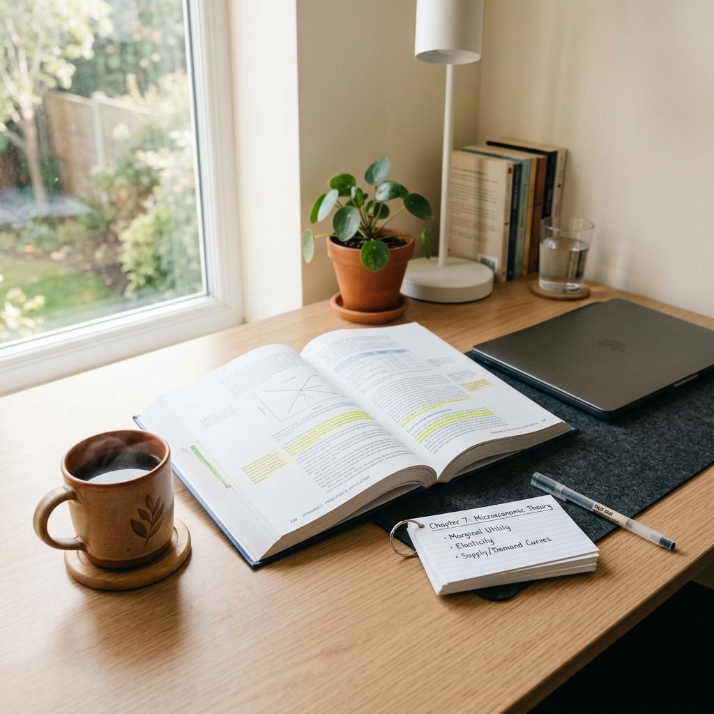 A clean, organized minimalist study desk with a closed laptop, open textbook, neatly placed index cards, and a warm cup of coffee, symbolizing modern test preparation.