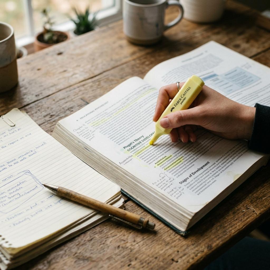 A close-up shot of a student's hand highlighting key concepts in a textbook with a pastel yellow marker on a rustic wooden desk.