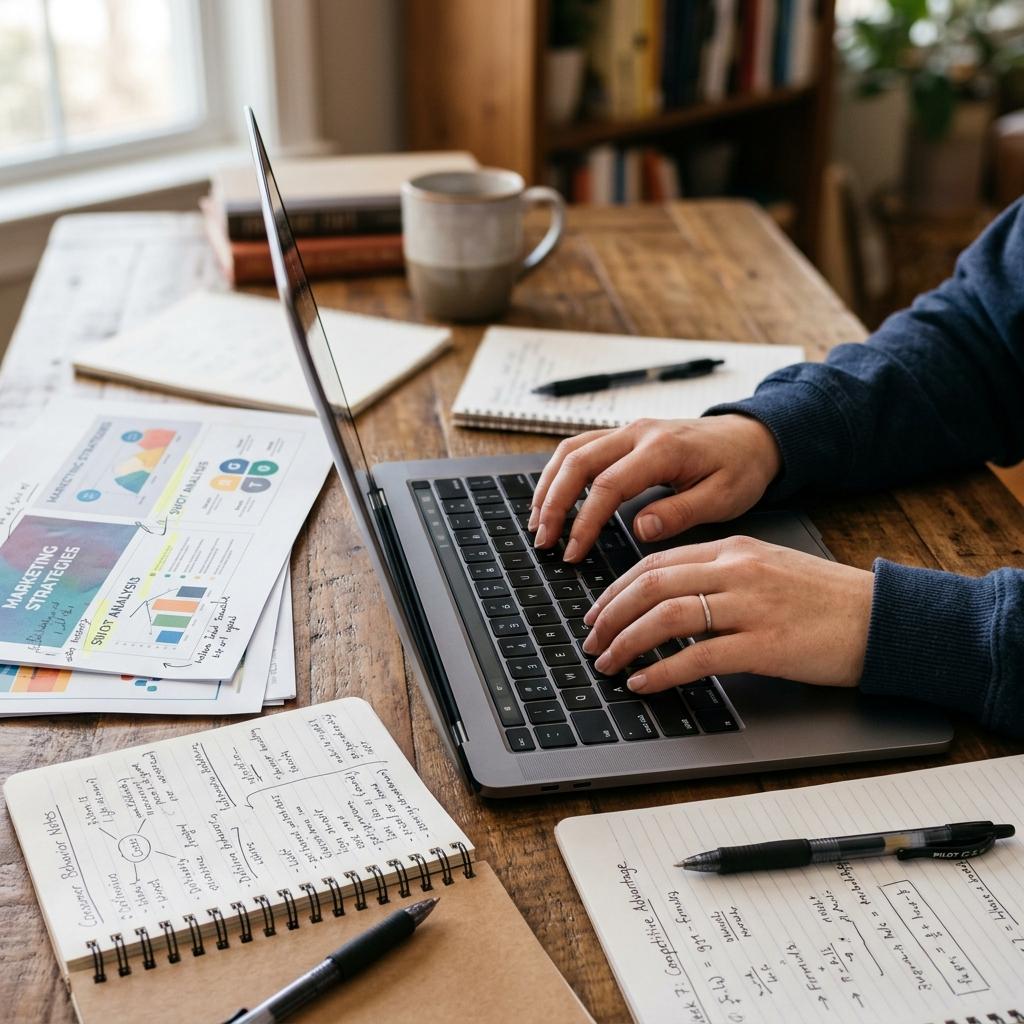 A student's hands typing on a laptop keyboard surrounded by printed study slides and handwritten notes.