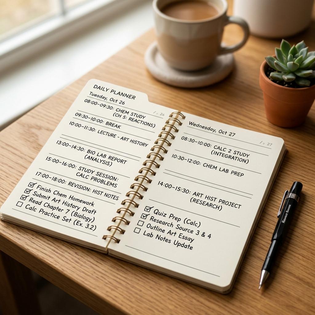 A close-up of a modern paper planner and calendar open on a desk, showing checkmarks and study tasks.