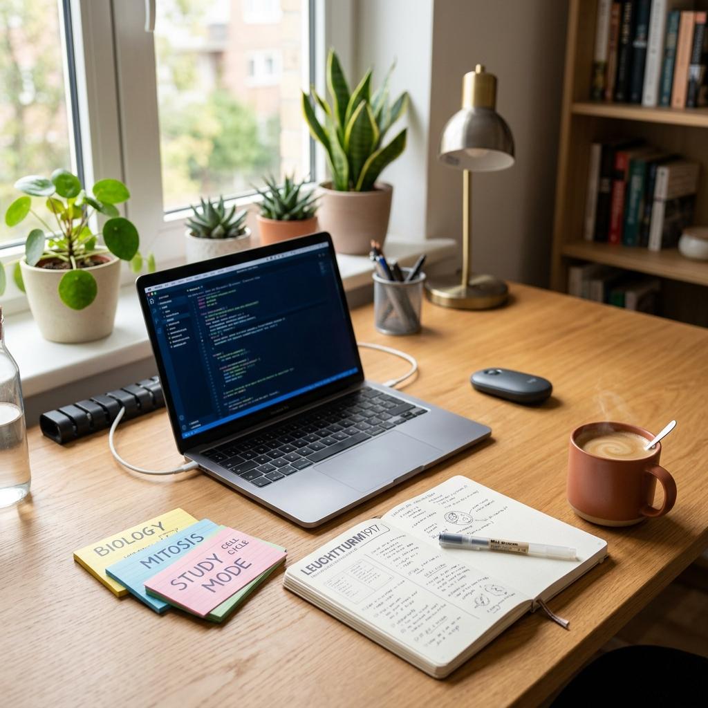 A clean, modern study desk with study flashcards and notebook, illustrating active study techniques over passive reading.