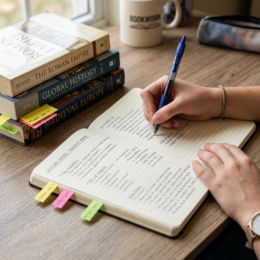 A student writing structured notes in a journal at a desk, focusing on key learning concepts.