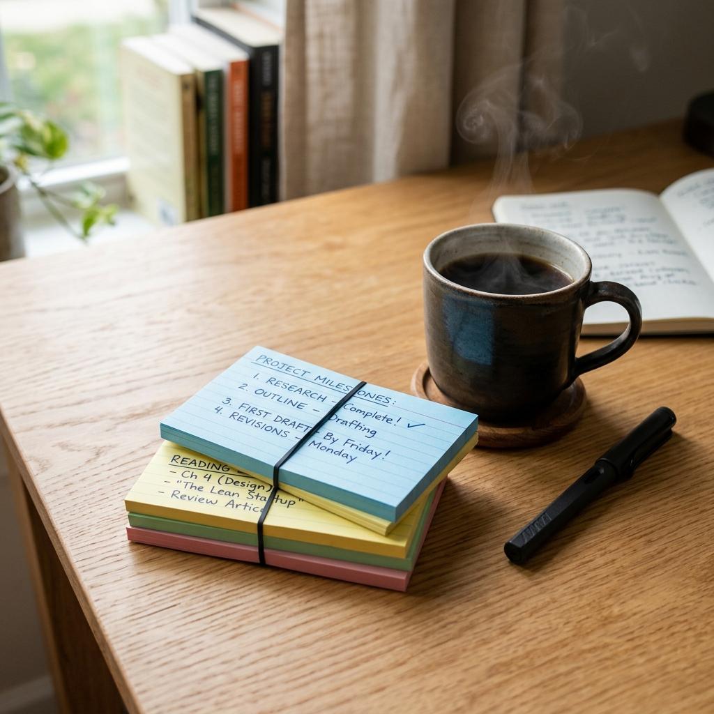 Index cards and study flashcards neatly organized on a wooden table for spaced repetition practice.