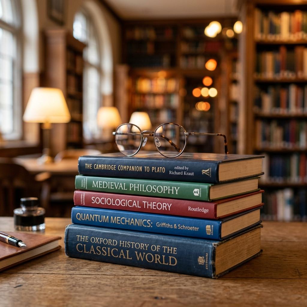 A neat stack of academic textbooks with reading glasses resting on top, illustrating deep comprehension.