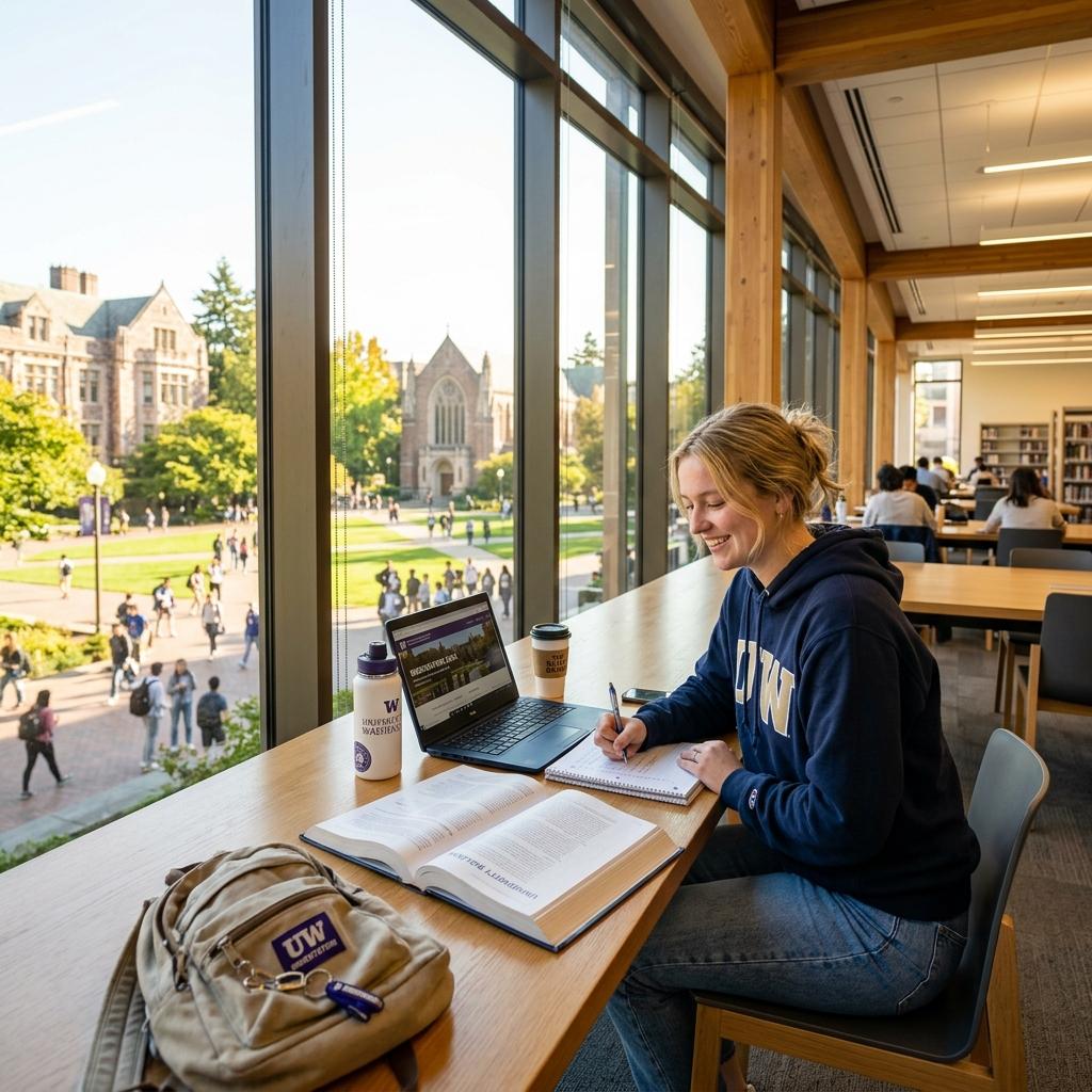 A college student sitting at a bright library table with an open textbook, laptop, and notebook during orientation week.