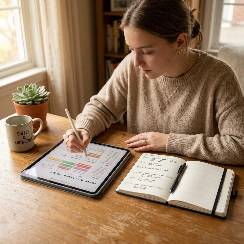 A student organizing a master study calendar and weekly schedule on a digital tablet and planner.