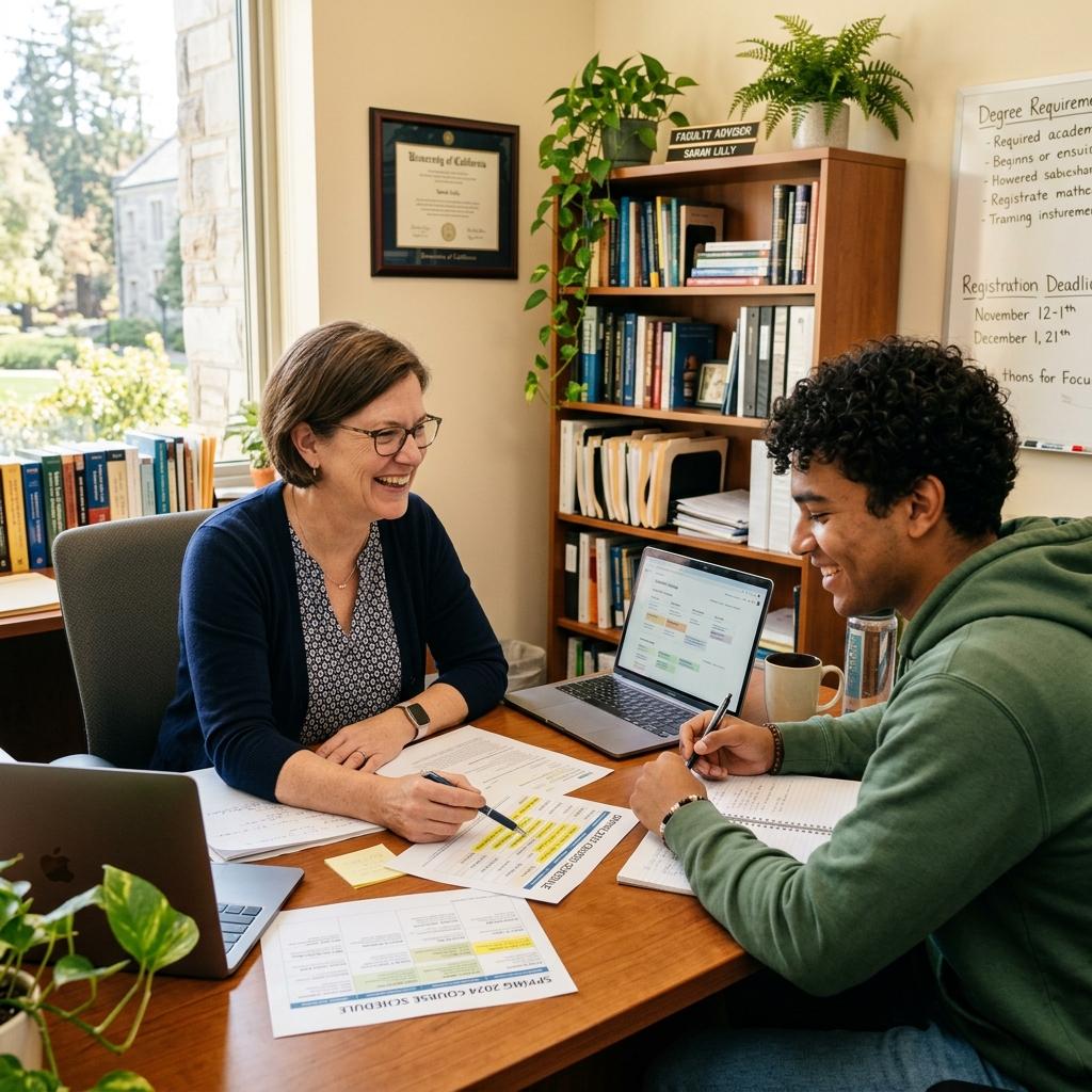 An academic advisor discussing degree planning and course schedules with a student in a university office.