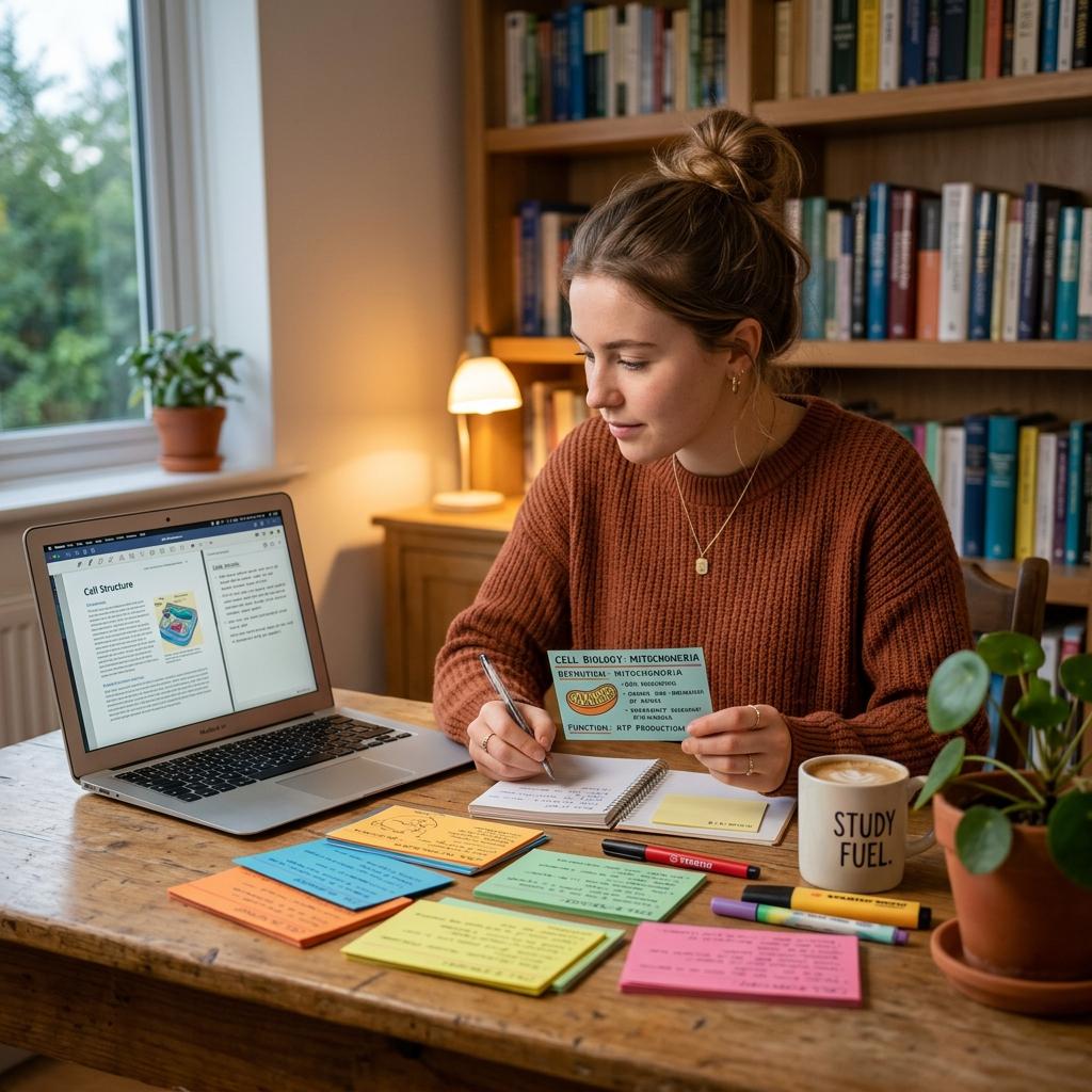 A student studying with flashcards and a laptop to practice active recall.