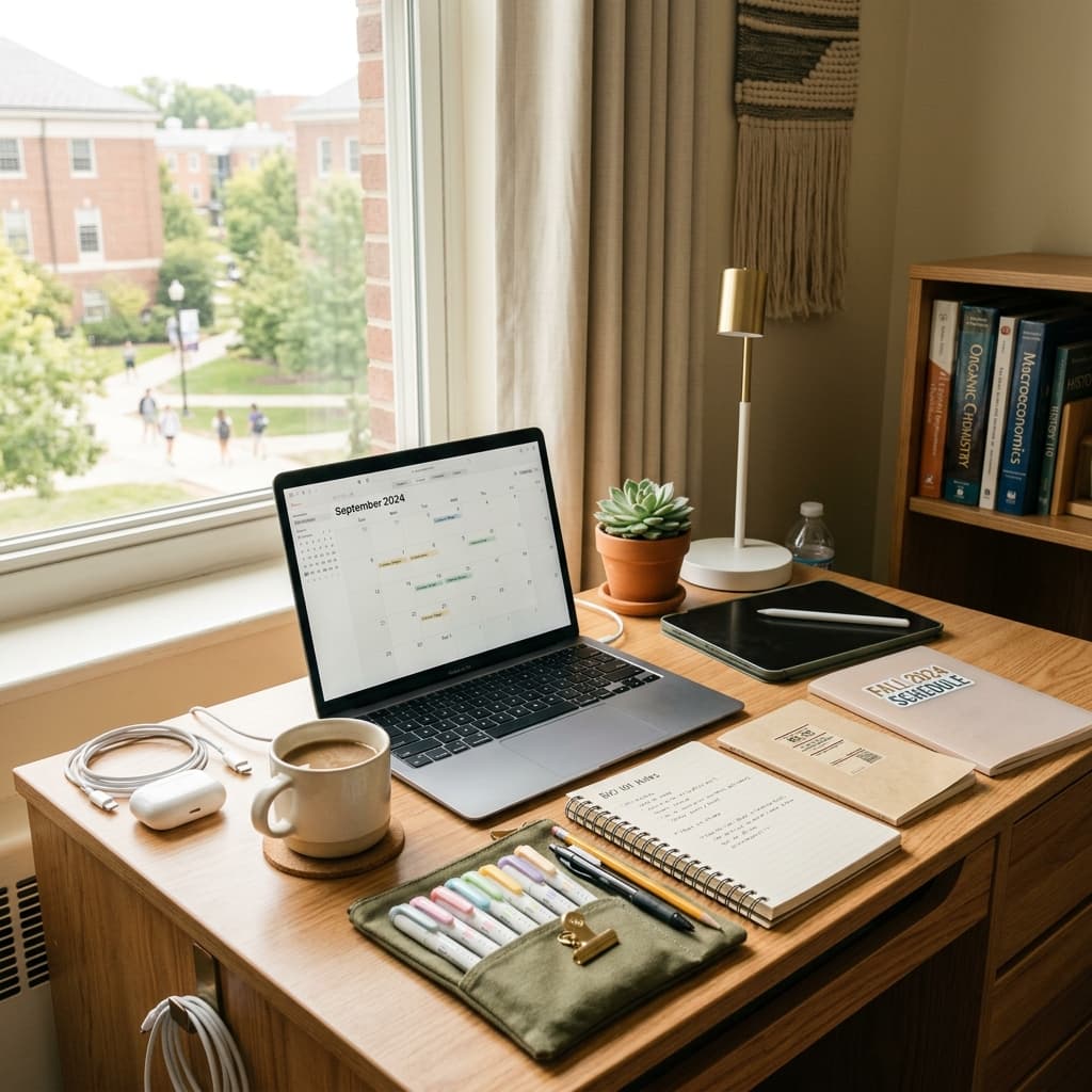 Clean, modern college student study desk with laptop calendar schedule and pre-semester organization tools.