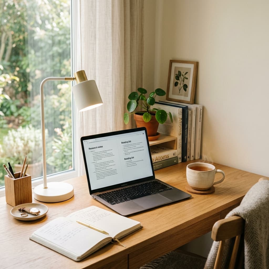 A peaceful, aesthetic study desk corner with soft morning sunlight, lamp, laptop, and tea mug.