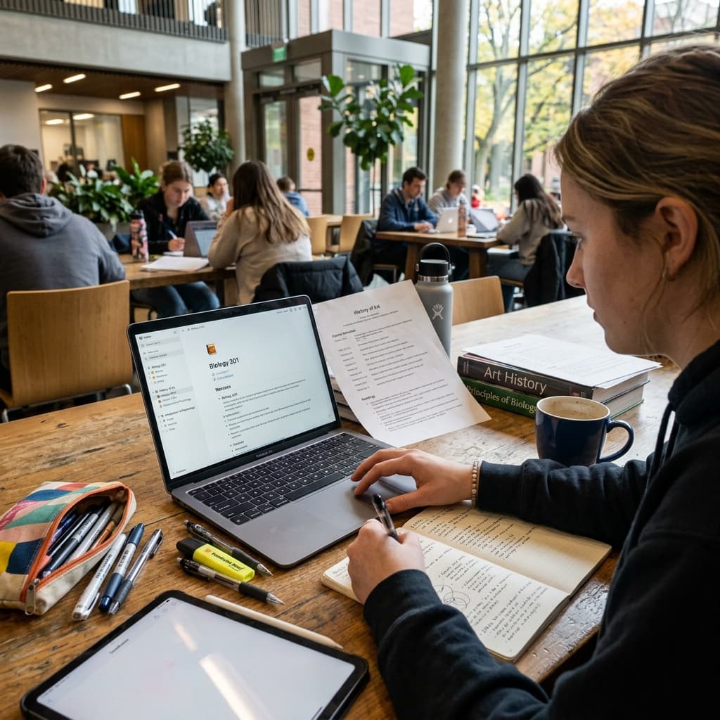 A student reviewing course syllabi and organizing digital notes on a laptop in a modern study area.