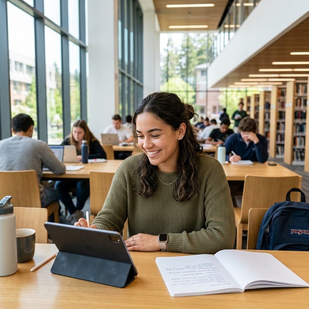 A student reviewing flashcards on a tablet app in a bright library study lounge.