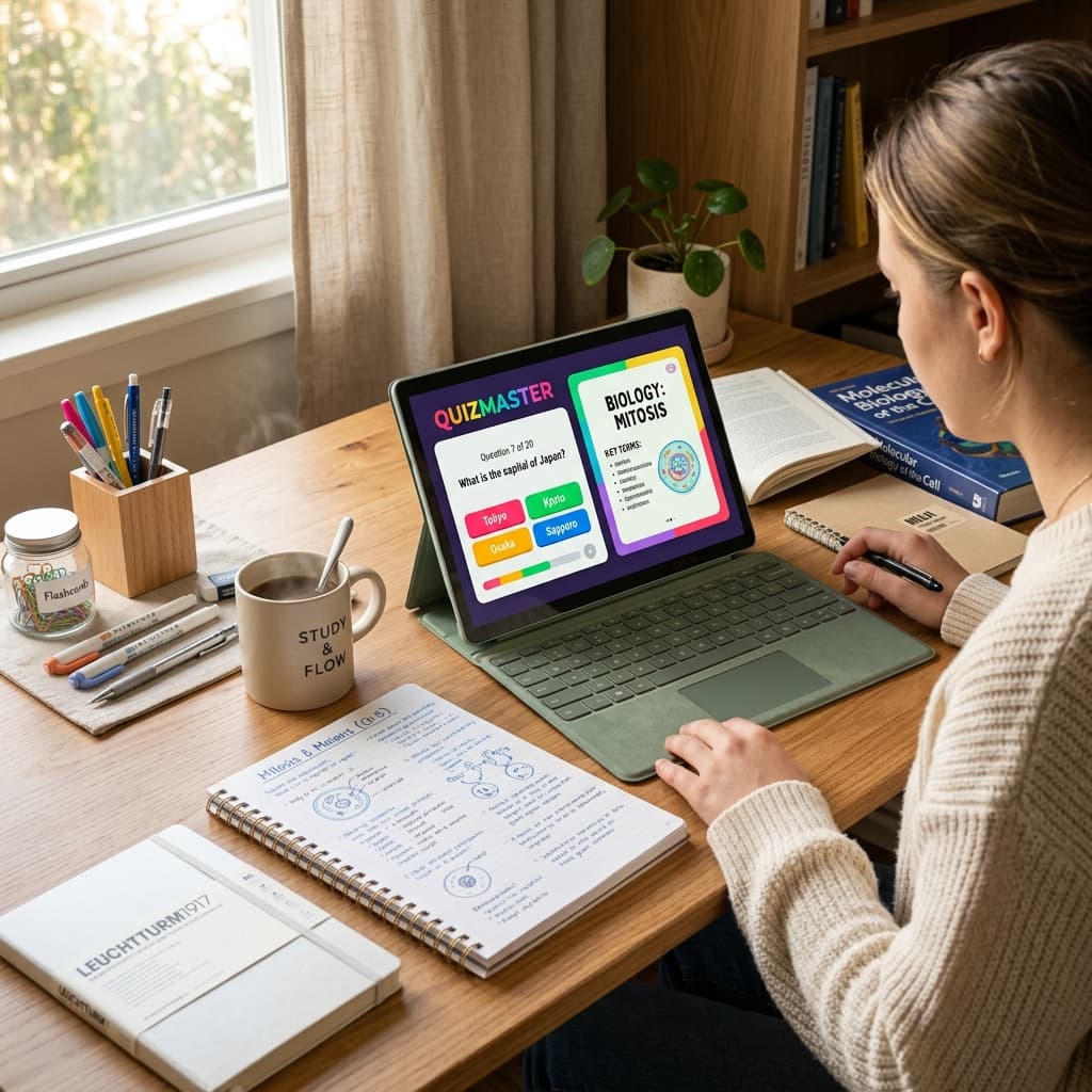 A modern student workspace with a tablet displaying interactive quiz and flashcard games next to study notes and coffee