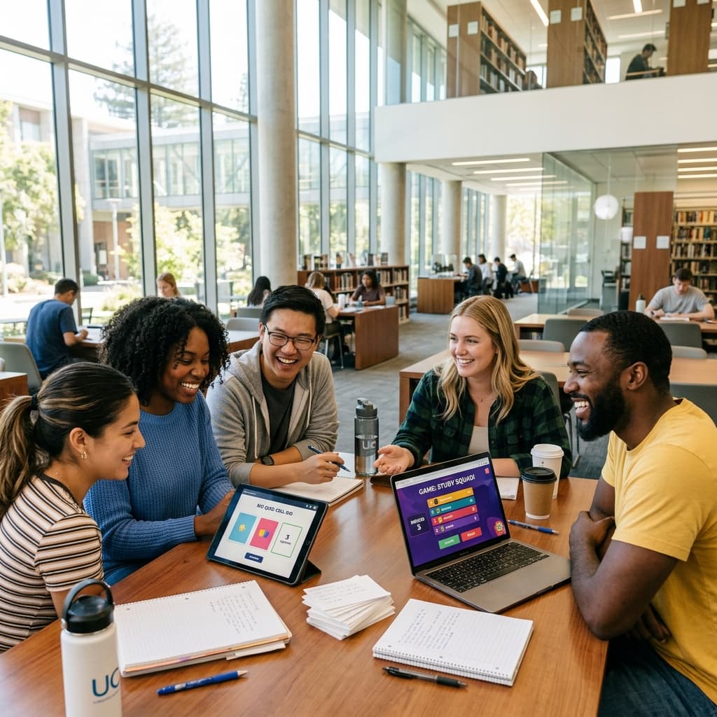 A group of university students in a modern library reviewing study materials and quiz games together on laptops and tablets