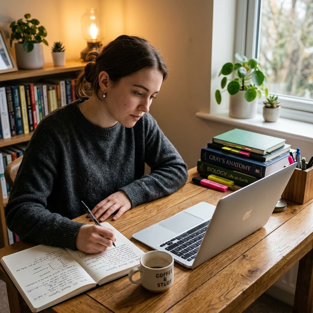 A focused student at a desk using a laptop with AI study tools and notes open for exam preparation