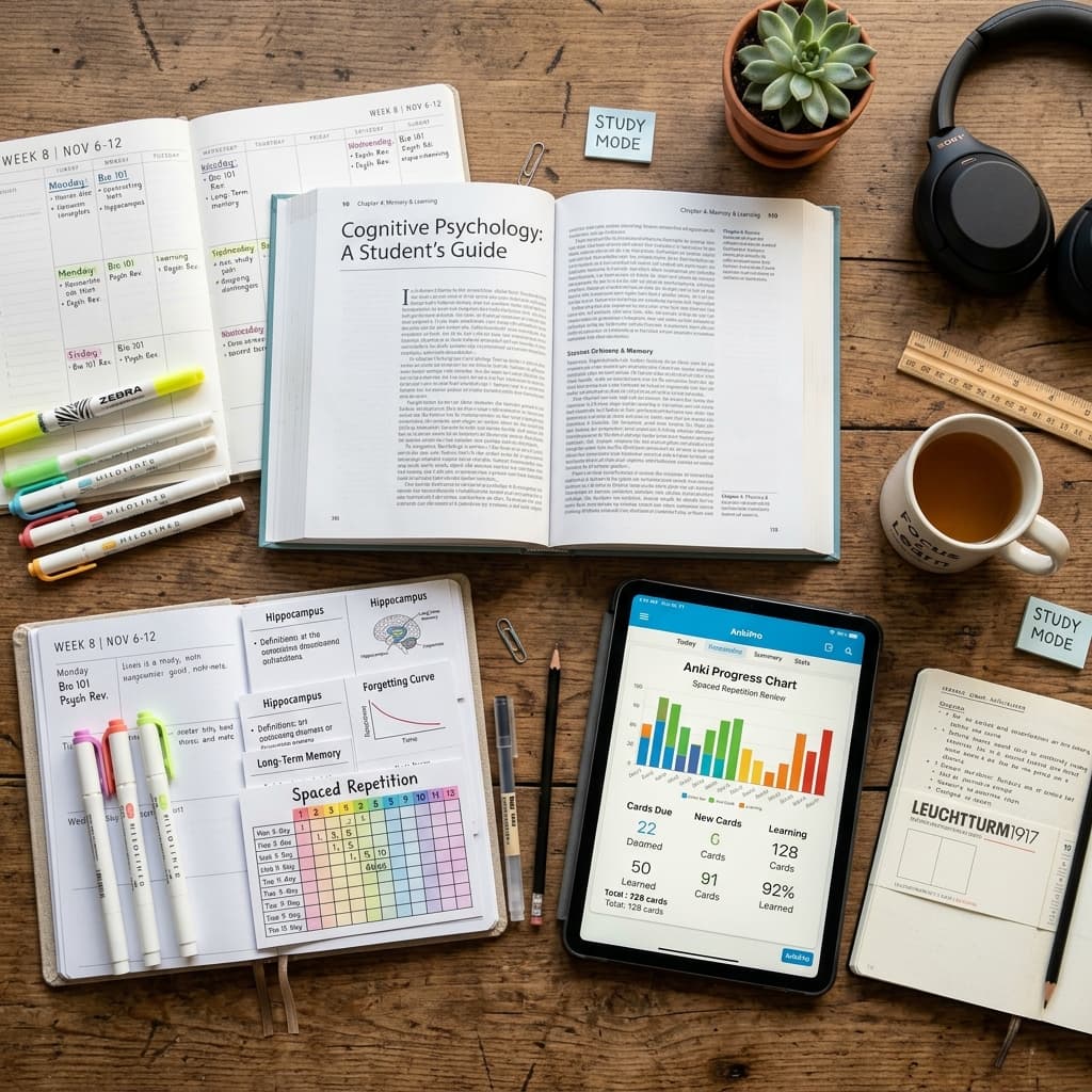 Top-down view of an organized study setup featuring textbooks, flashcards, and a tablet displaying spaced repetition analytics