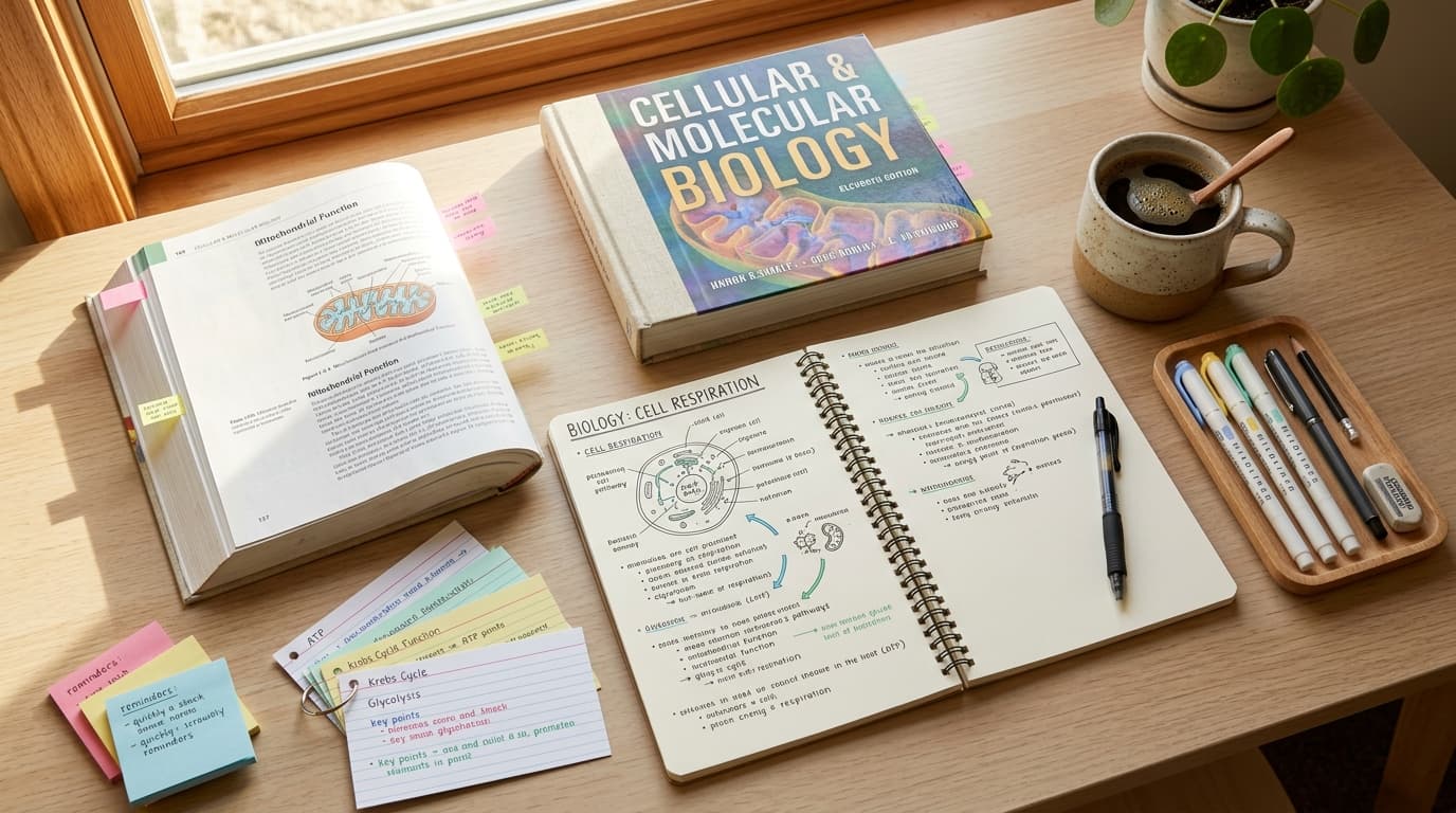 A clean flat-lay study desk with open notebooks, biology textbooks, flashcard rings, and highlighters