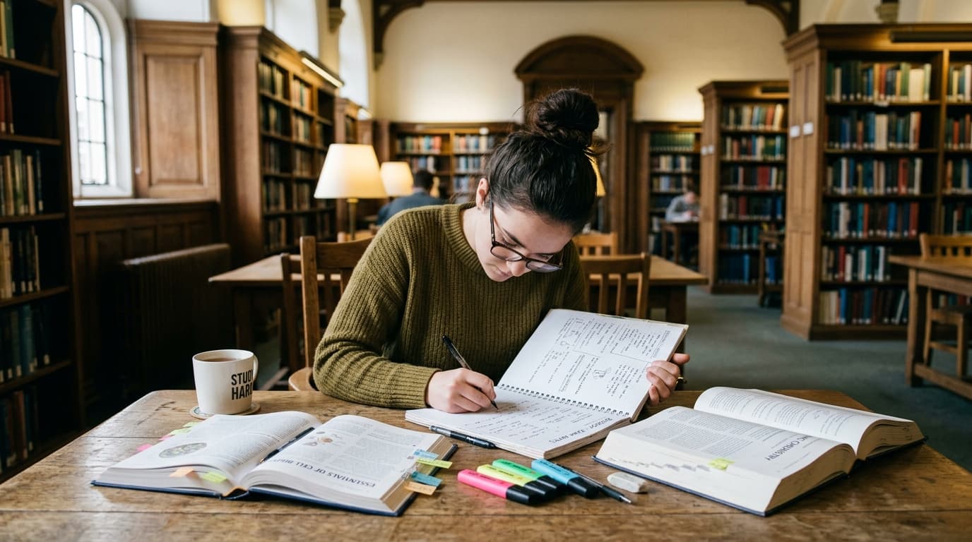 A college student sitting in a library taking handwritten notes in a notebook next to textbooks