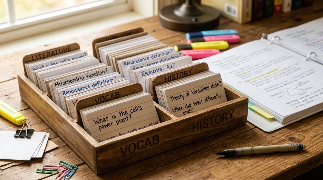 A wooden divider box filled with categorized subject flashcards like Biology, Vocab, and History