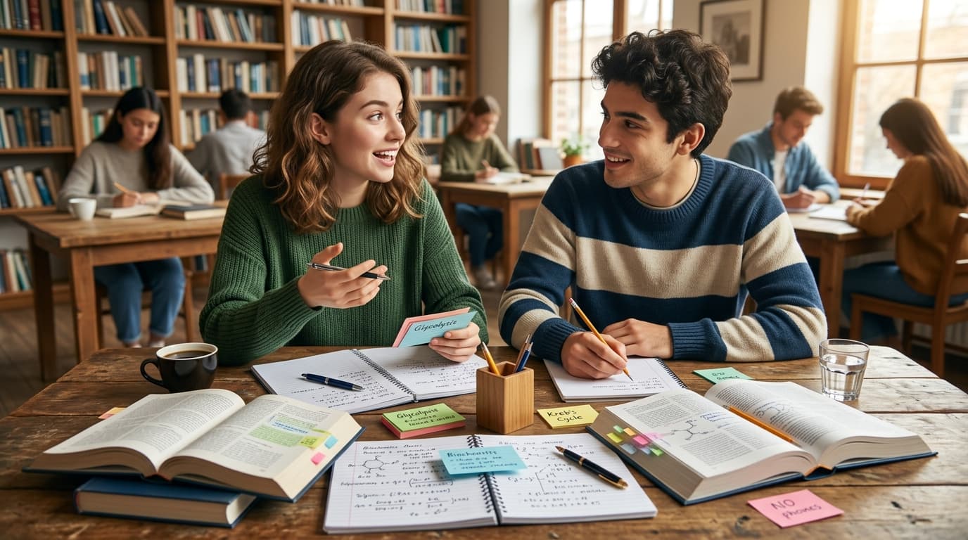 Two college students studying together with open textbooks, notebooks, and index cards in a library