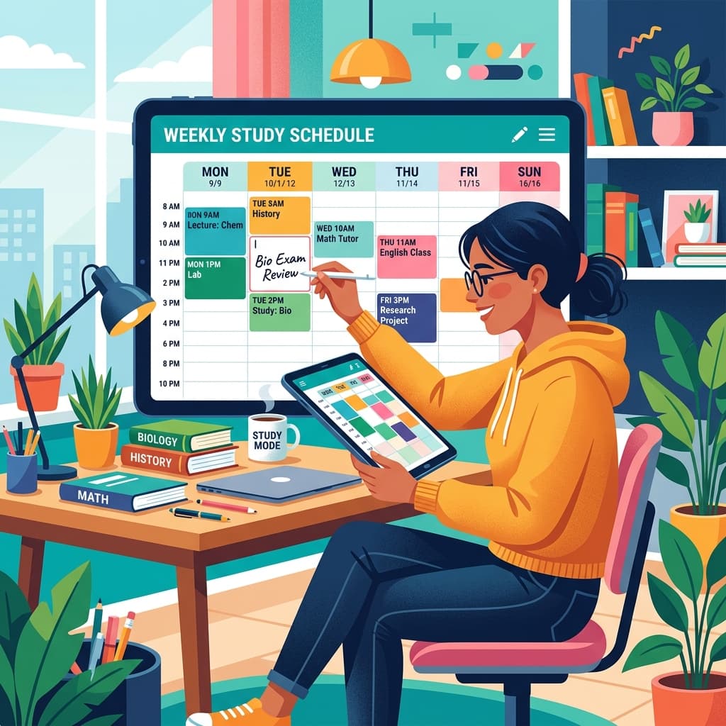 Student writing a weekly study schedule on a digital calendar or planner