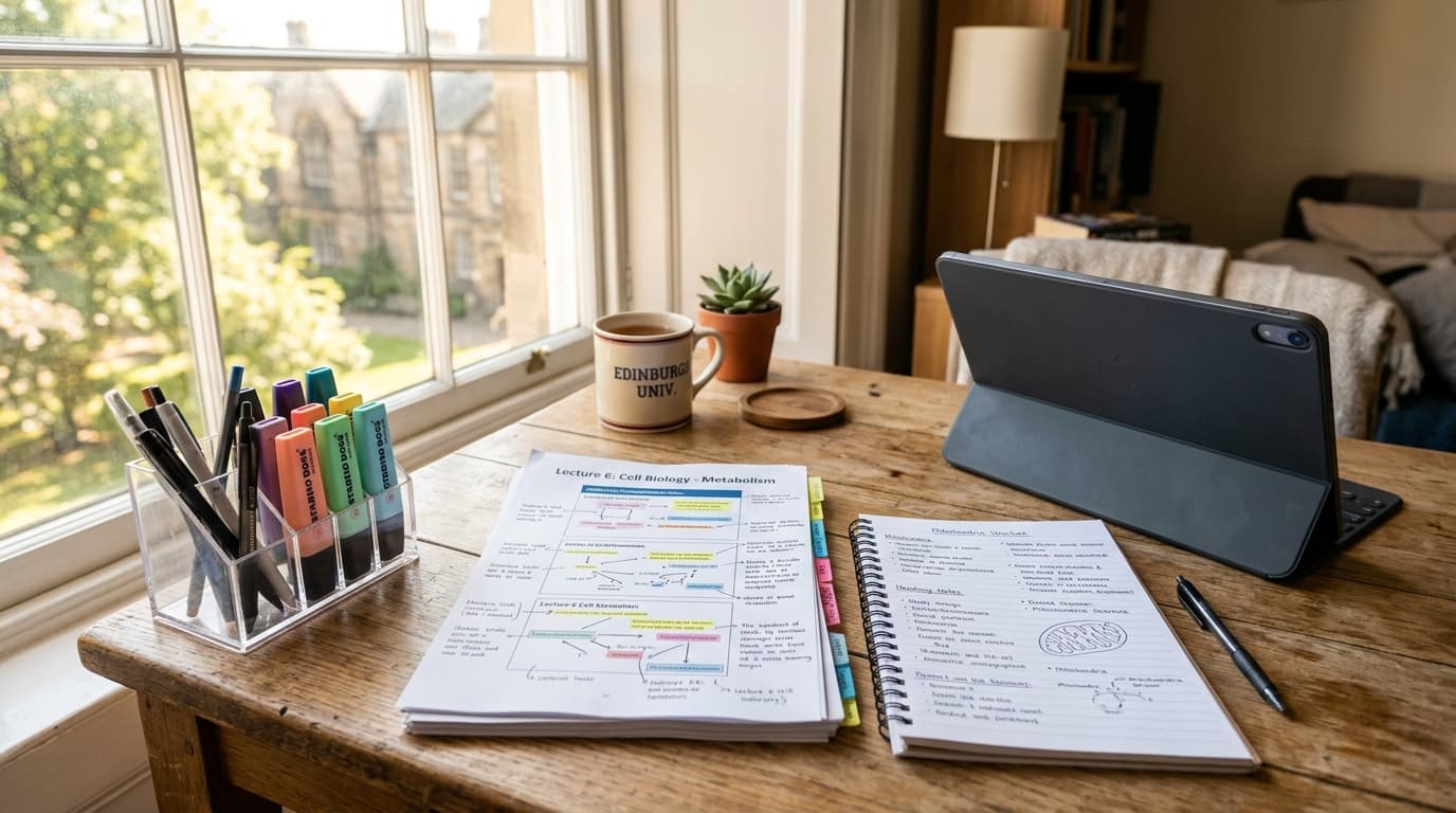 Tidy study desk with printed lecture slide handouts, structured study notes, and highlighters to summarize a PowerPoint presentation