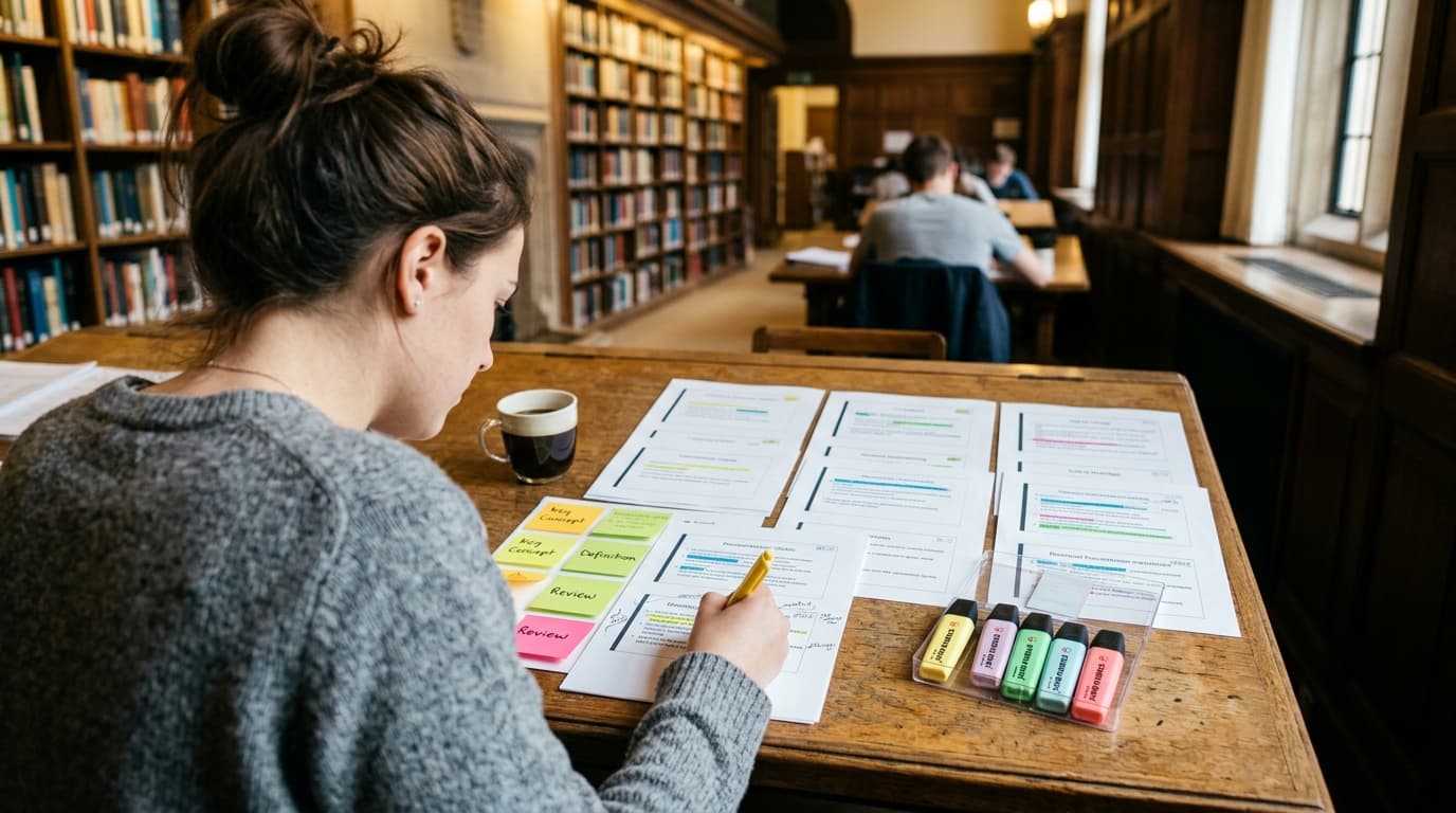 College student in a library organizing printed lecture slides into topic groups to summarize PowerPoint slides effectively