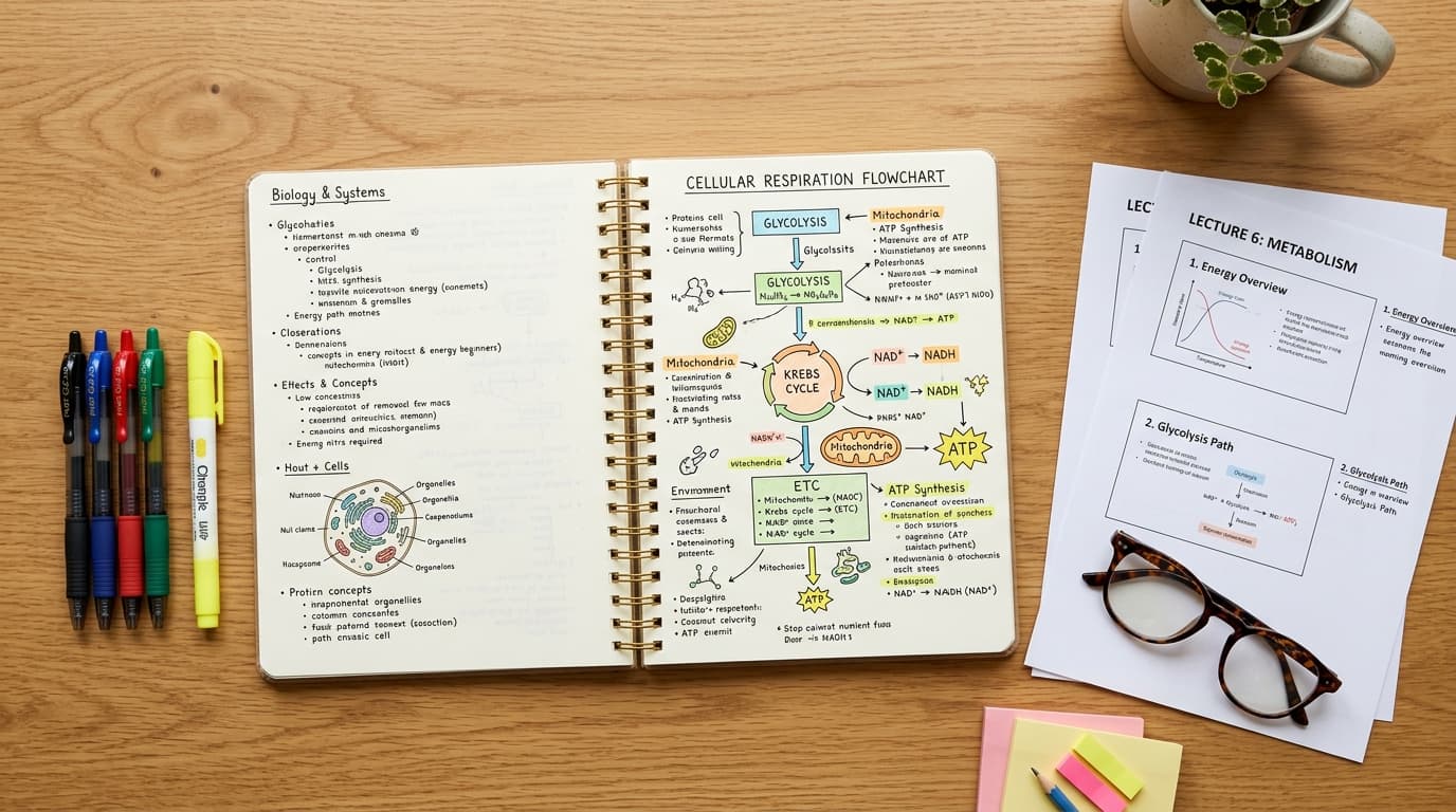 Open notebook with handwritten diagrams, flowcharts, and key terms extracted from lecture presentation slides