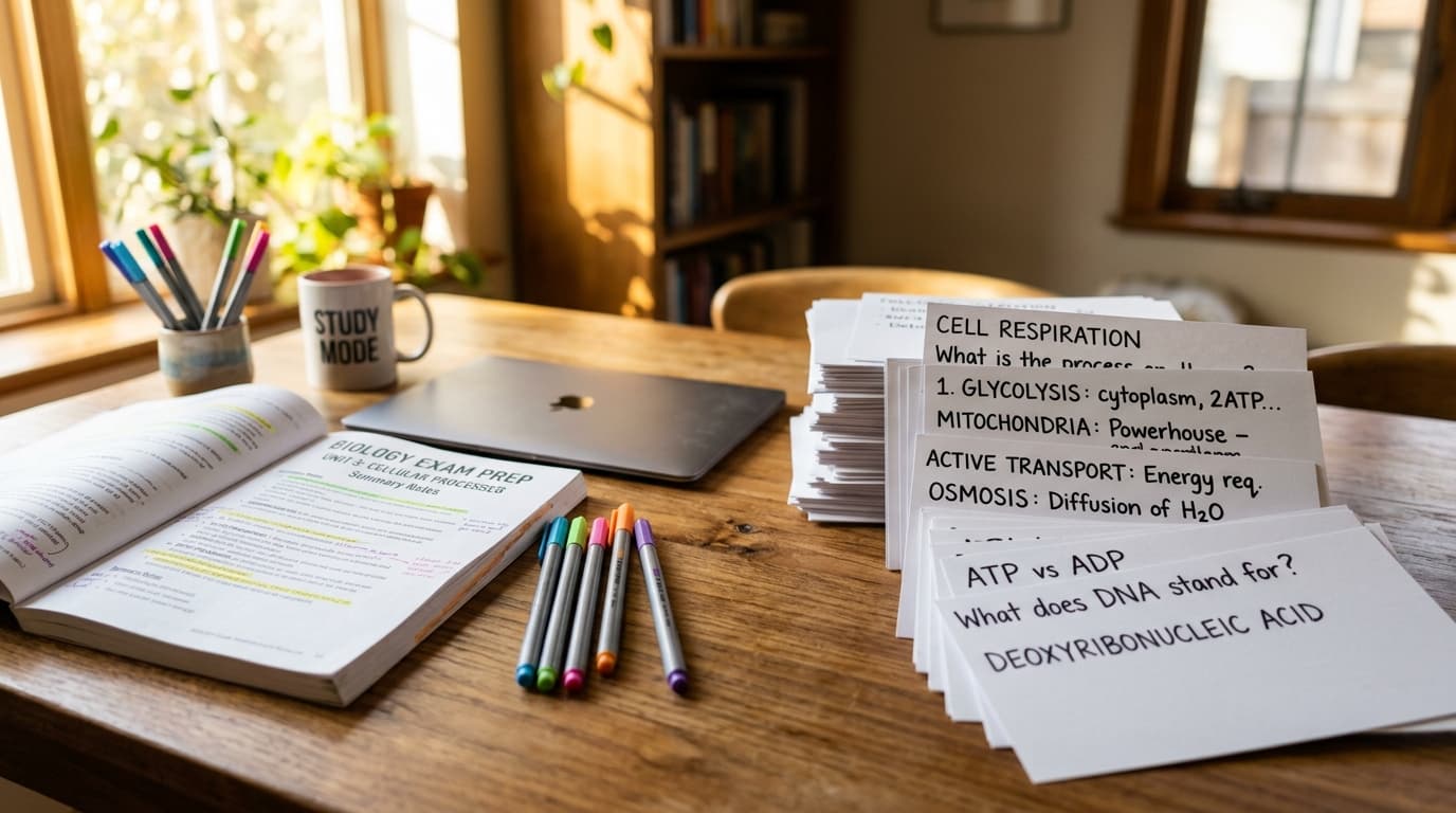Handwritten study flashcards and quiz questions created from summarized PowerPoint lecture notes