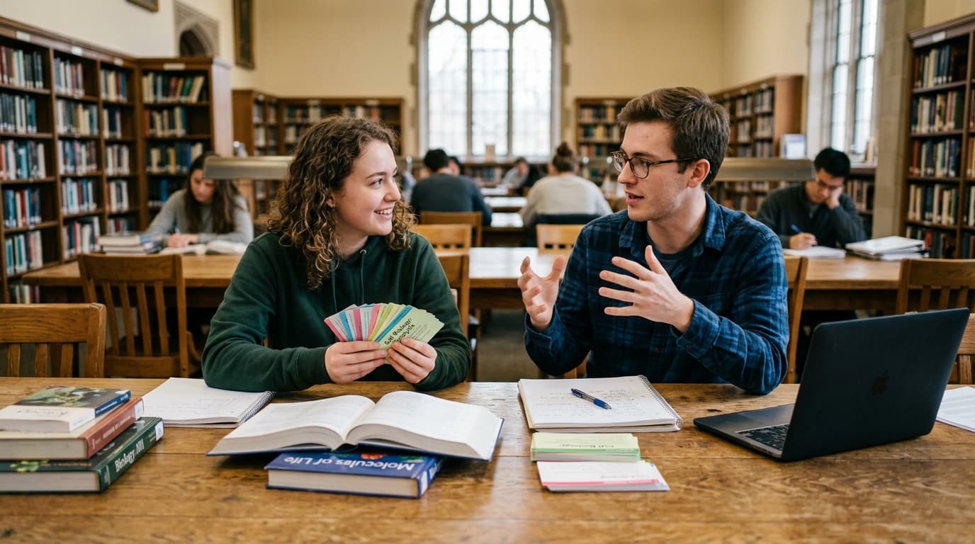 Two university students in a library using flashcards for active recall and self-testing from memory